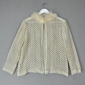 Vintage Womens Sweater 10 Beige Sequin Fuzzy Neckline Crochet Cardigan Open Knit